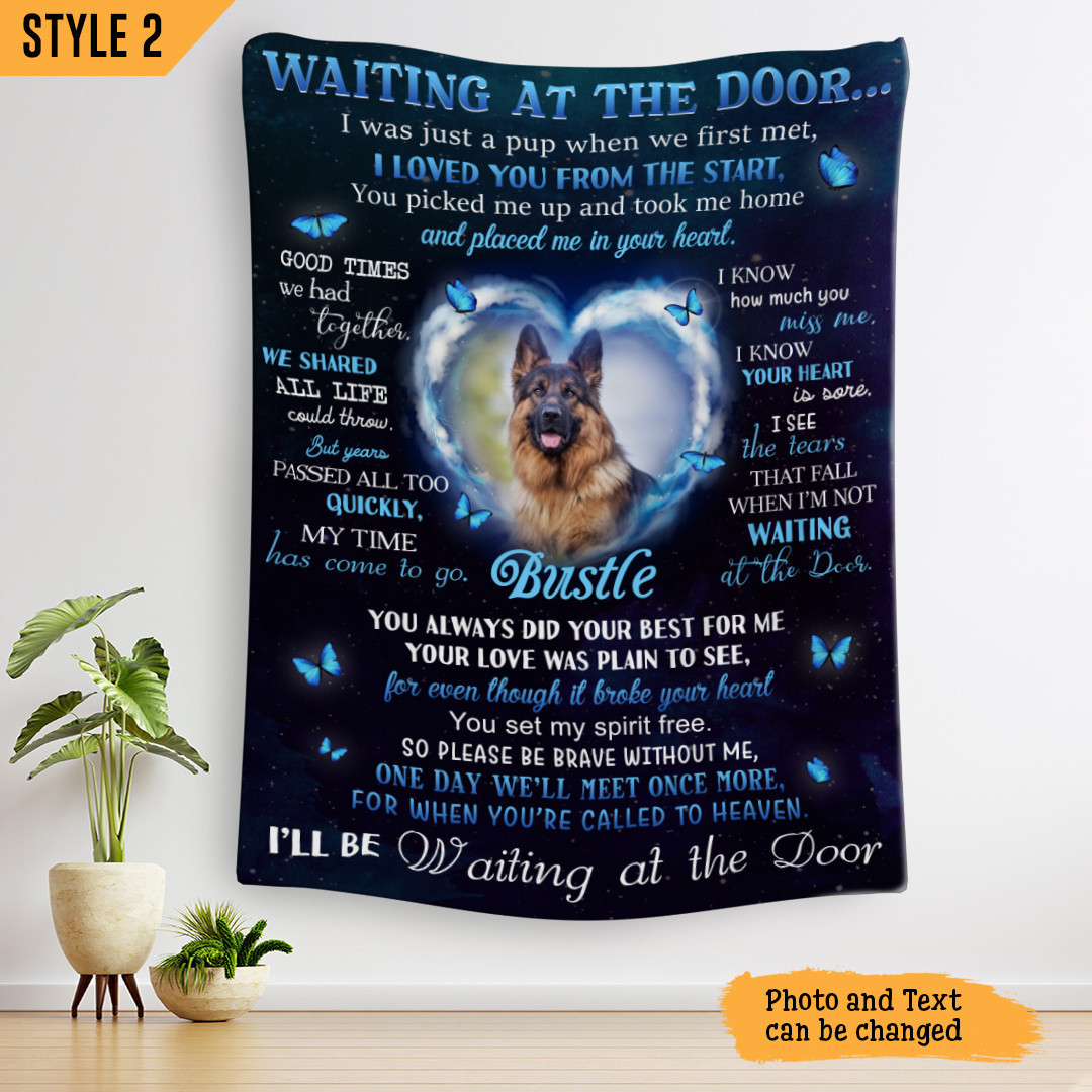 Custom Photo Blanket | Waiting At The Door Dog Poem | Personalized Dog Memorial Gift With Dog Picture